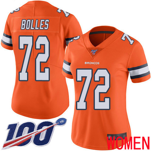 Women Denver Broncos #72 Garett Bolles Limited Orange Rush Vapor Untouchable 100th Season Football NFL Jersey